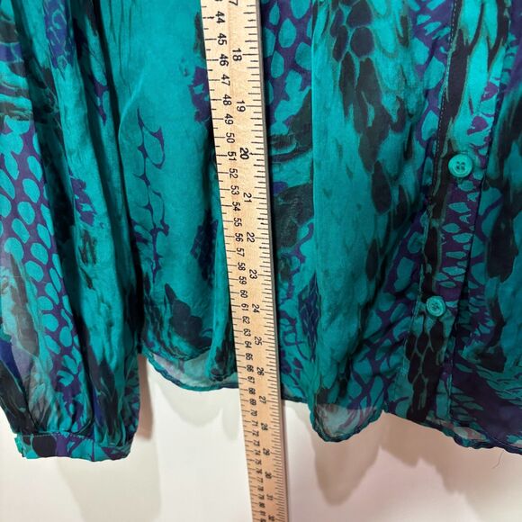Hale Bob SILK Blouse sz M Animal Print Green Neck Tie Mermaidcore Dark Fairy - Picture 3 of 9
